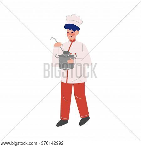 Man Professional Chef Character With Saucepan And Laddle, Male Kitchener Wearing Traditional Uniform