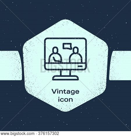 Grunge Line Online Education And Graduation Icon Isolated On Blue Background. Online Teacher On Moni