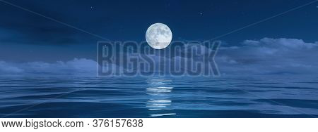 A pale moon over the ocean banner background 3D illustration