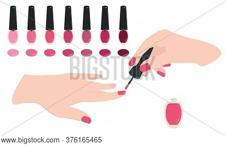 Woman Hands Doing Manicure With Nail Polish. Beauty And Nail Salon Vector Concept. Vector Illustrati