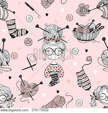 Seamless Pattern On The Theme Of Knitting With Cute Knitter Girls In Doodle Style. Vector