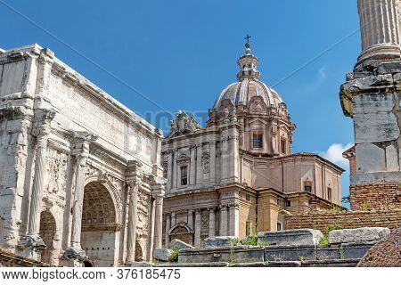 Arch Of Septimius Severus , Column Of Phocas And Church Of Santi Luca E Martina In Forum Romanum.  R