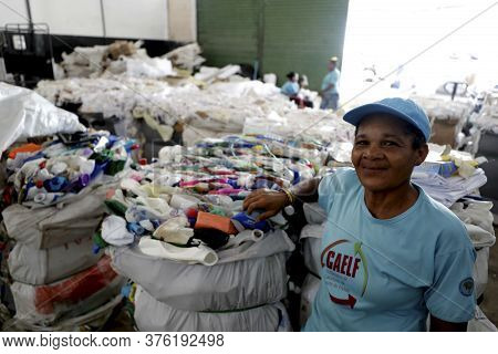 Lauro De Freitas, Bahia / Brazil - April 3, 2019: Person Is Seen Collecting Material For Recycling I