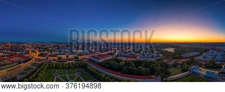 Munich, Bavaria At A Glowing Sunrise Morning With The View Over Touristic Landmarks.