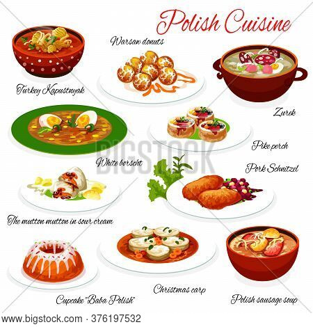 Polish Cuisine Food, Poland Restaurant Menu Dishes, Gourmet Authentic Meals. Polish Sausage And Cabb