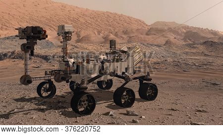 Mars. The Perseverance Rover Deploys Its Equipment Against The Backdrop Of A True Martian Landscape.
