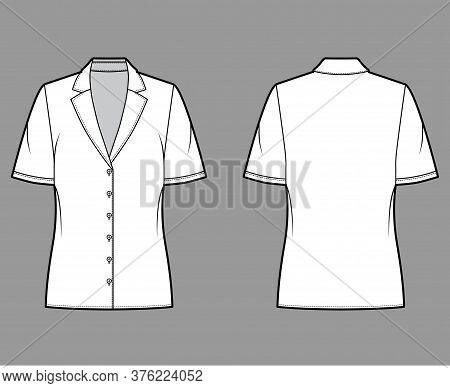 Pajama Style Blouse Technical Fashion Illustration With Retro Camp Collar, Short Sleeves, Loose Fit 