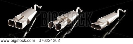 Set Car Muffler Sport  On A Black  Background 3d Illustration, 3d Rendering