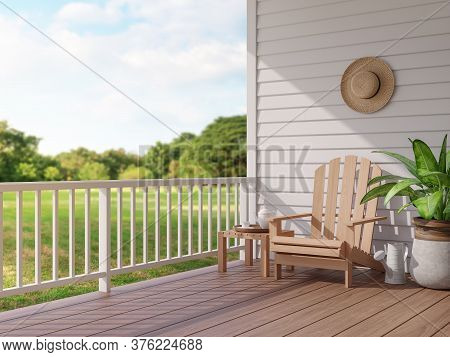 Vintage Style Wood Terrace With Blurry Nature View 3d Render, There Are Wooden Floor And White Plank