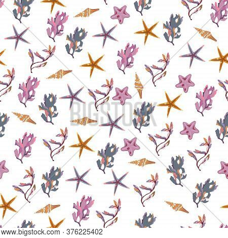 Seamless Vector Color Pattern With Shells. Hand Drawn мarine Background. Suitable For Greetings, Inv