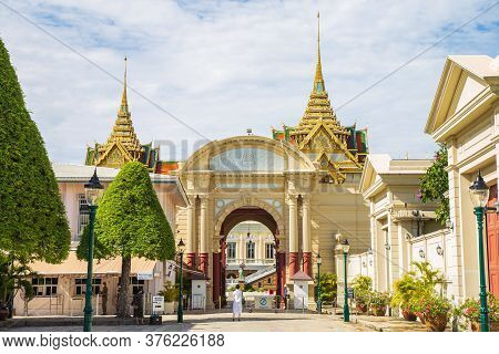 Bangkok, Thailand- July 13, 2020 : The Phiman Chai Si Gate At Wat Phra Kaew Against The Sky On A Clo