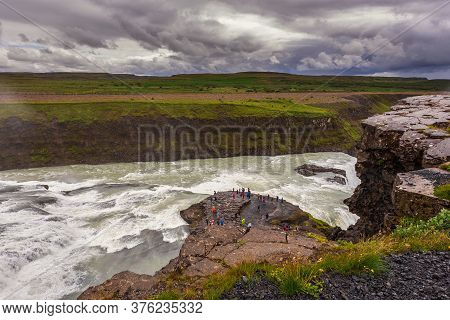 Gullfoss, Iceland- 22 August 2015: Panoramic View Of Gullfoss Waterfall On The Hvítá River, A Popula