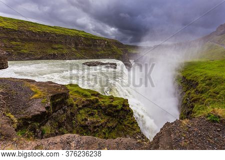 Gullfoss, Iceland- 22 August 2015: Panoramic View Of Gullfoss Waterfall On The Hvítá River, A Popula