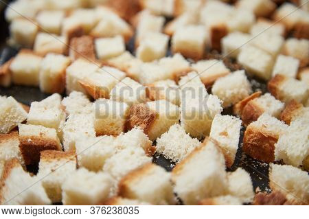 Square Toasted Pieces Of Homemade Delicious Rusk, Hardtack, Dryasdust, Zwieback On A Baking Sheet.