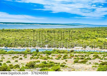 Croatia, Marina In Village Of Simuni On The Island Of Pag, Panoramic View