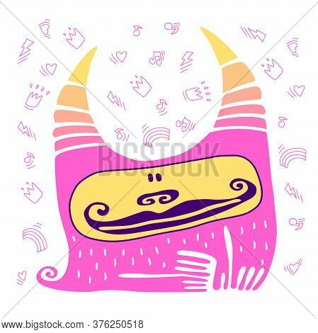 Cute Animal Smile. Kawaii Monster With Horns. Colorful Animal On White Background. Cute Cartoon Illu