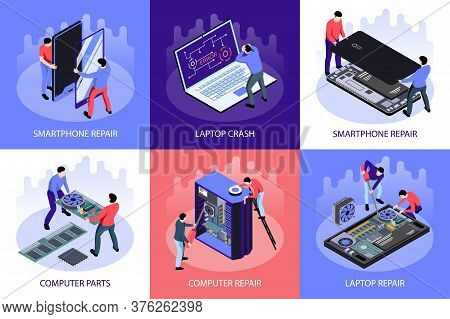 Isometric Computer Repair Design Concept 3x2 Set Of Square Compositions With Smartphones And Compute