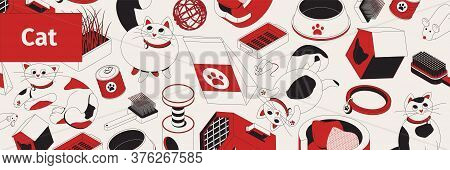 Cat Pattern Isometric Composition With Icons Of Cartoon Style Cats Cradles Pet Bowls And Scratcher P