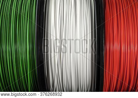 Italy Flag Of The Coils For 3d Printer. Filament For 3d Printing, Bright Thermoplastic Of Green, Whi