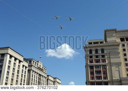 Moscow, Russia - June 24, 2020:a Group Of Tu-95ms Turboprop Strategic Bombers In The Sky Over Moscow