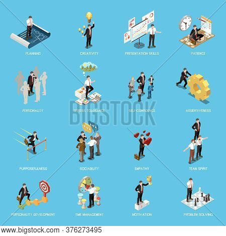 Soft Skills Isometric Concept Icon Set With Planning Creativity Presentation Skills Patience Persona