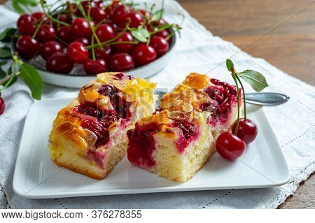 Fresh Baked Cake With Red Ripe Juicy Sour Cherry Or Kriek Berry