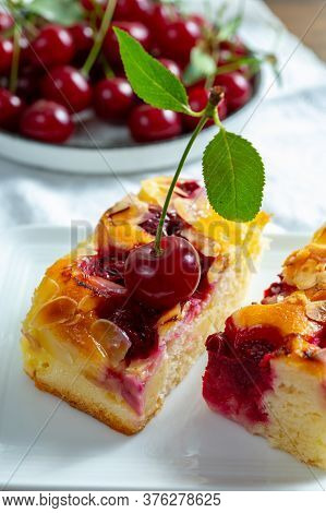 Fresh Baked Cake With Red Ripe Juicy Sour Cherry Or Kriek Berry