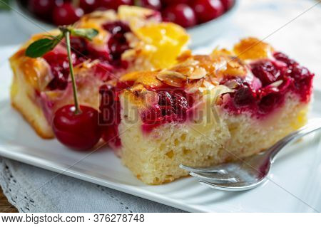 Fresh Baked Cake With Red Ripe Juicy Sour Cherry Or Kriek Berry