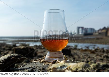 Tasting Glass Of Scotch Whisky And Sea Shore During Low Tide, Smoky Whisky Pairing With Oysters