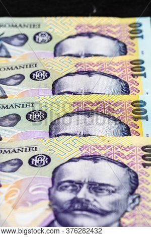 Selective Focus On Detail Of Lei Banknotes. Close Up Macro Detail Of Romanian Lei Banknotes, 100 Lei
