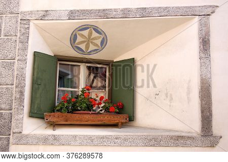 Small Old-fashioned Window In The Ancient Village Of Guarda, Scuol Municipality, Engadin Valley, Gra