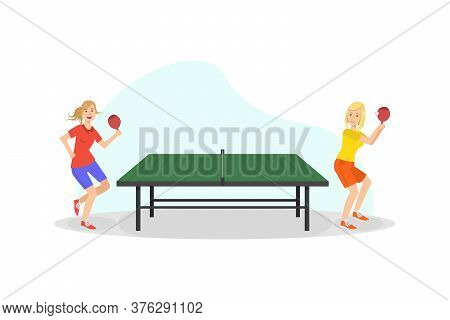 Two Girls Playing Table Tennis Game, People Doing Physical Activity And Sports Vector Illustration