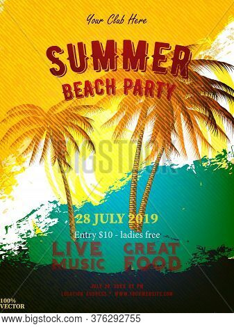 Summer Disco Poster With Palm Trees On Grunge Beachside In Trendy Colors. With This Poster Design Yo