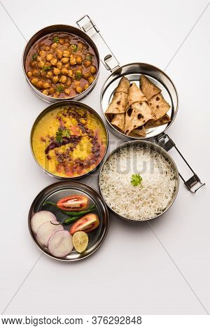 Indian Veg Lunchbox For Office Of Workplace With Chole, Dal Fry Rice And Chapati