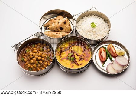 Indian Veg Lunchbox For Office Of Workplace With Chole, Dal Fry Rice And Chapati