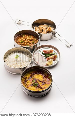 Indian Veg Lunchbox For Office Of Workplace With Chole, Dal Fry Rice And Chapati