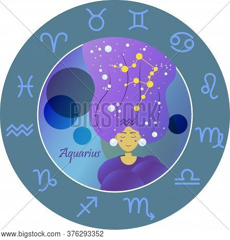 Vector Illustration Of The Zodiac Sign By Horoscope. A Girl With Long Hair Of The Starry Sky And The