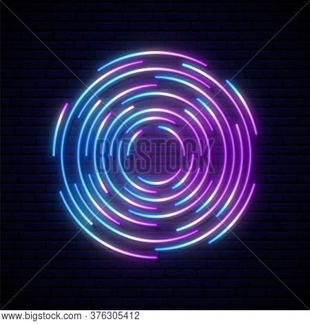 Neon Portal Sign. Glowing Futuristic Design. Colorful Neon Circles On Dark Brick Wall Background. St