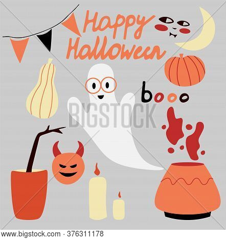 Happy Halloween Hand Drawn Elements. Set Of Colored Halloween Vector Illustrations. Party Halloween.