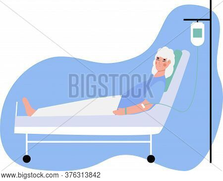 Elderly Woman Lies With A Dropper. Hospital Or Nursing Home. Modern Flat Vector Illustration.