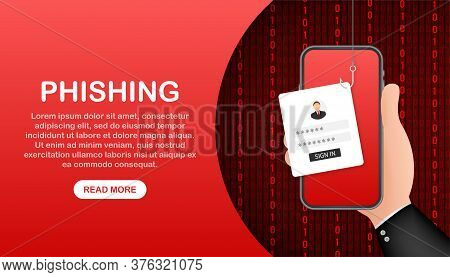 Data Phishing With Fishing Hook, Mobile Phone, Internet Security. Vector Stock Illustration.