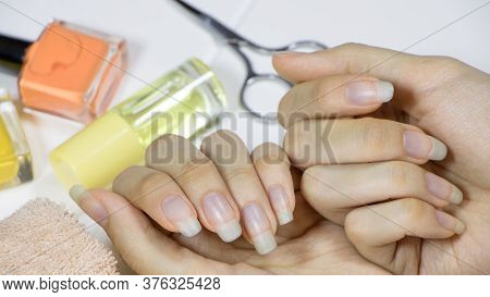 Manicure. Long Natural Nails. Pale, Brittle, Bluish Nails. Do Your Own Manicure At Home. Self-care. 
