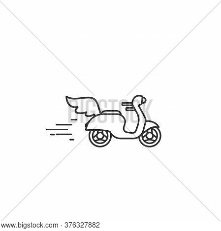 Black Line Retro Scooter Or Motorbike With Wings. Flat Vector Illustration Isolated On White.