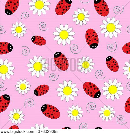 Seamless Texture With The Image Of The Ladybug And Daisy