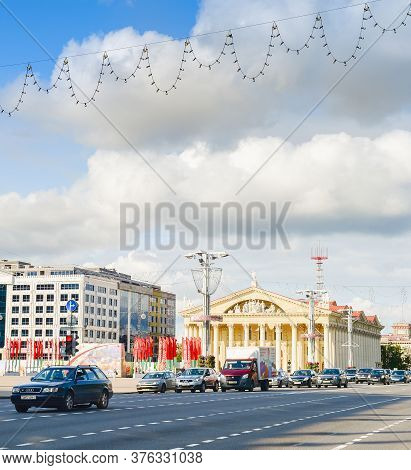 Minsk, Belarus - July 17, 2019: Traffic On A Central Independense Avenue. Independence Avenue  Is Th