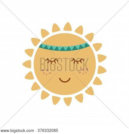 Cute Sun With Face In Tribal Boho Styel. Graphic Element For Kids Design. Smiling Sun. Summer Vector