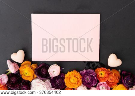 Red Buds Of Valentines Day Festive Flowers With Hearts On Minimal Black Background