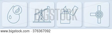 Set Line Bio Fuel, Lighter, Oil Pump Or Pump Jack And Industry Pipes And Valve. White Square Button.