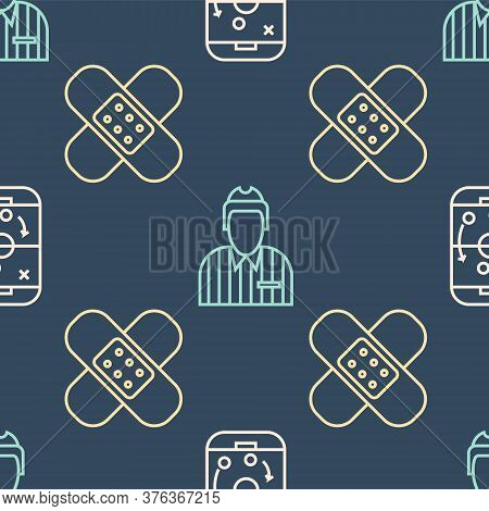 Set Line Planning Strategy, Crossed Bandage Plaster And Hockey Judge, Referee, Arbiter On Seamless P