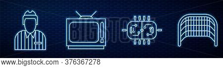 Set Line Hockey Table, Hockey Judge, Referee, Arbiter, Retro Tv, Ice Hockey Goal And Stopwatch. Glow